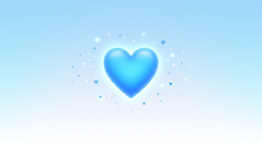 Blue heart emoji 💙 glowing on soft blue gradient background representing love, trust, and friendship