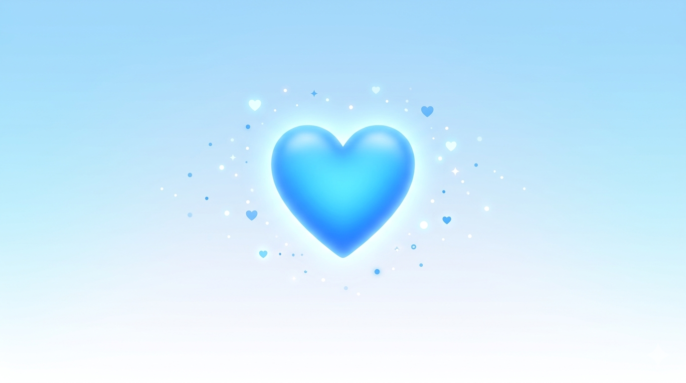 Blue heart emoji 💙 glowing on soft blue gradient background representing love, trust, and friendship