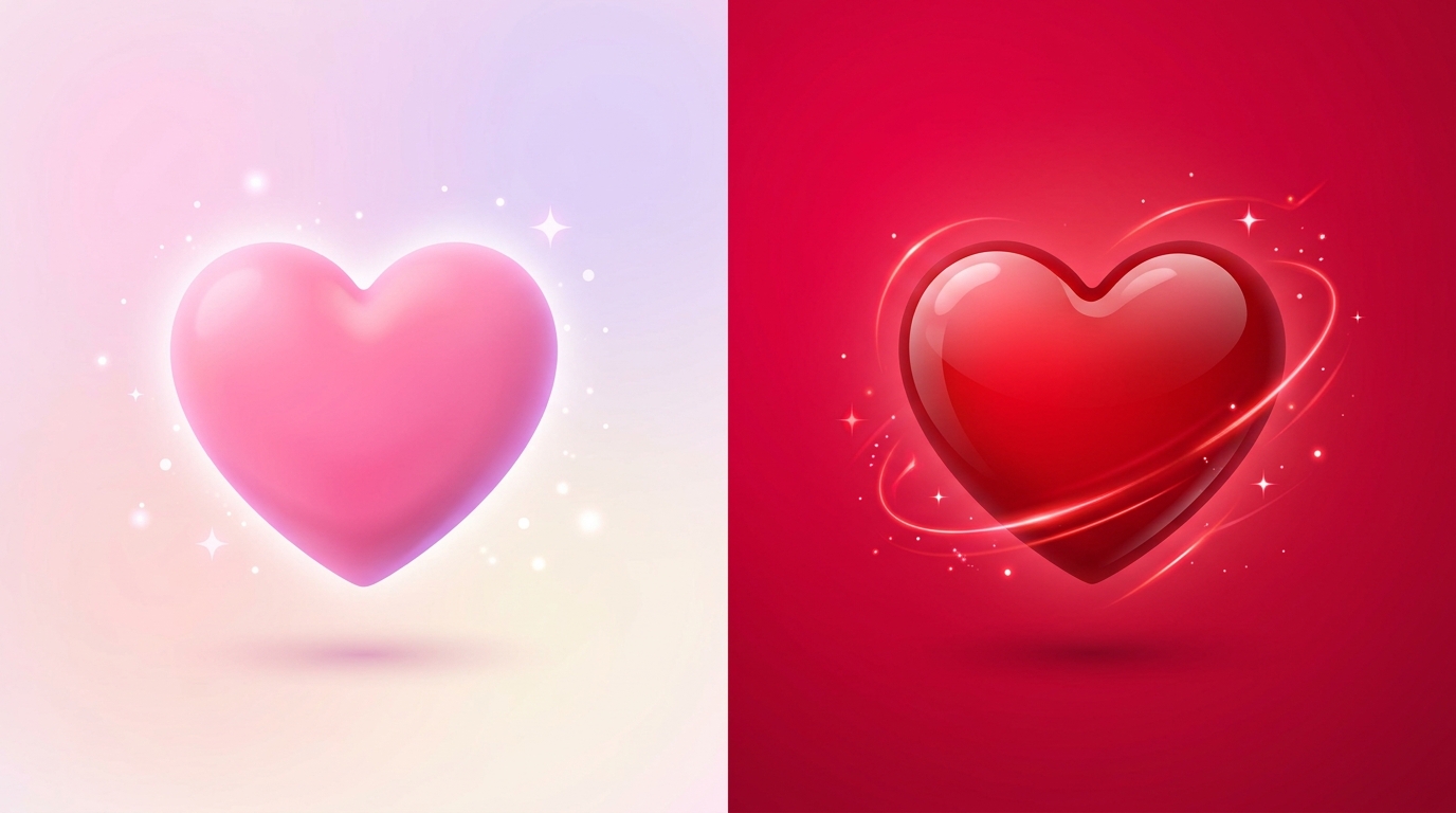 Comparison of pink heart emoji and red heart emoji showing differences in love, emotion, and meaning