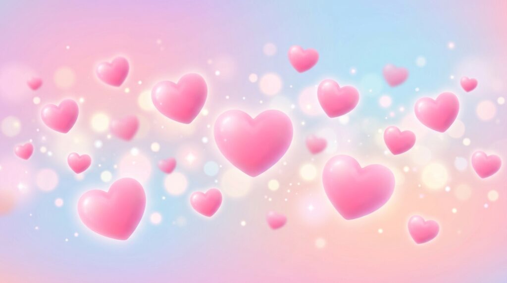 Pink heart emojis floating in a soft pastel gradient background with dreamy glowing bokeh effect and romantic aesthetic style