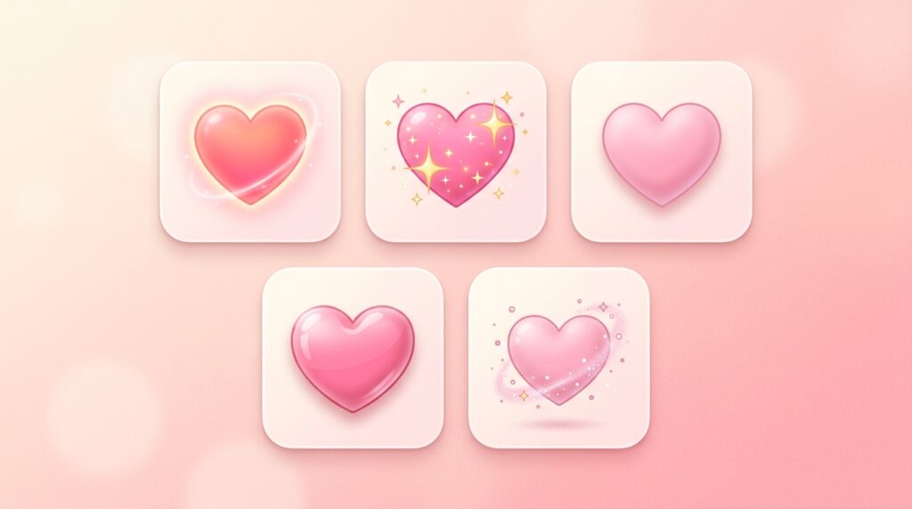 Different types of pink heart emojis showing variations in style and emotional meaning