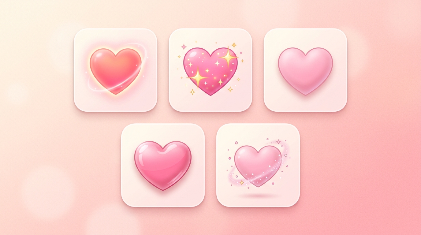 Different types of pink heart emojis showing variations in style and emotional meaning